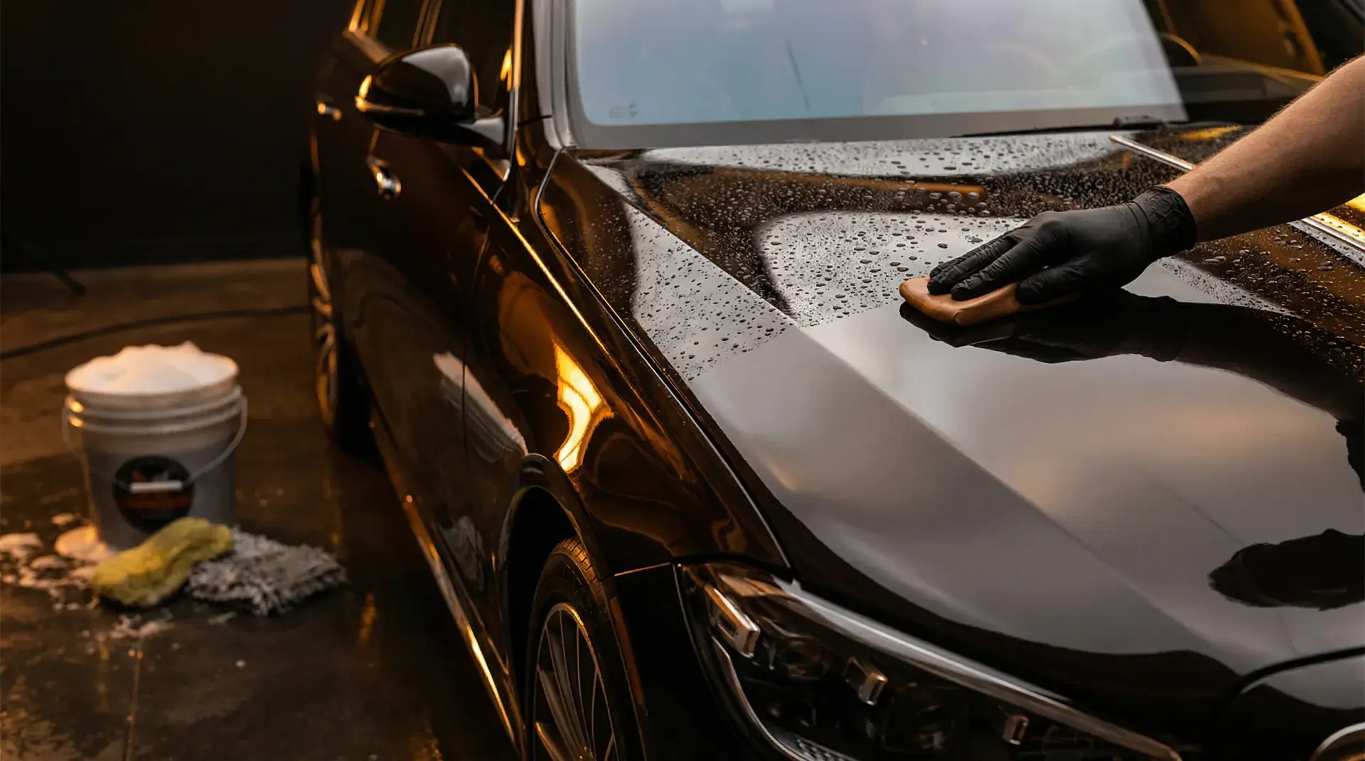 Exterior auto detailing in Seattle — professional clay bar treatment on dark paint with water beading