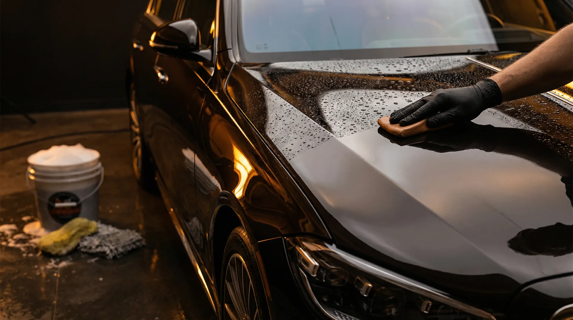 Exterior auto detailing in Seattle — professional clay bar treatment on dark paint with water beading