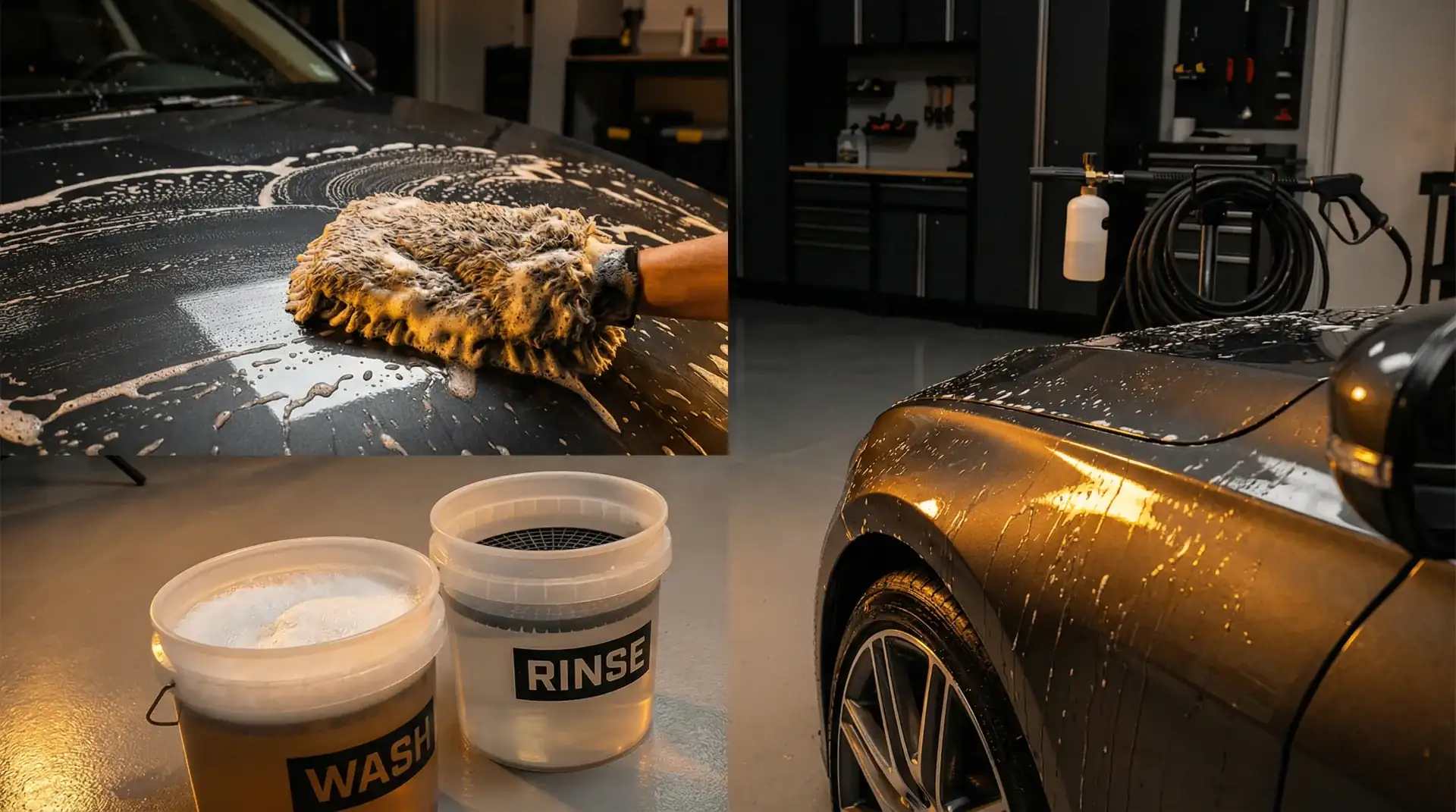 Hand car wash in Seattle — two-bucket wash and rinse method with microfiber mitt on dark paint