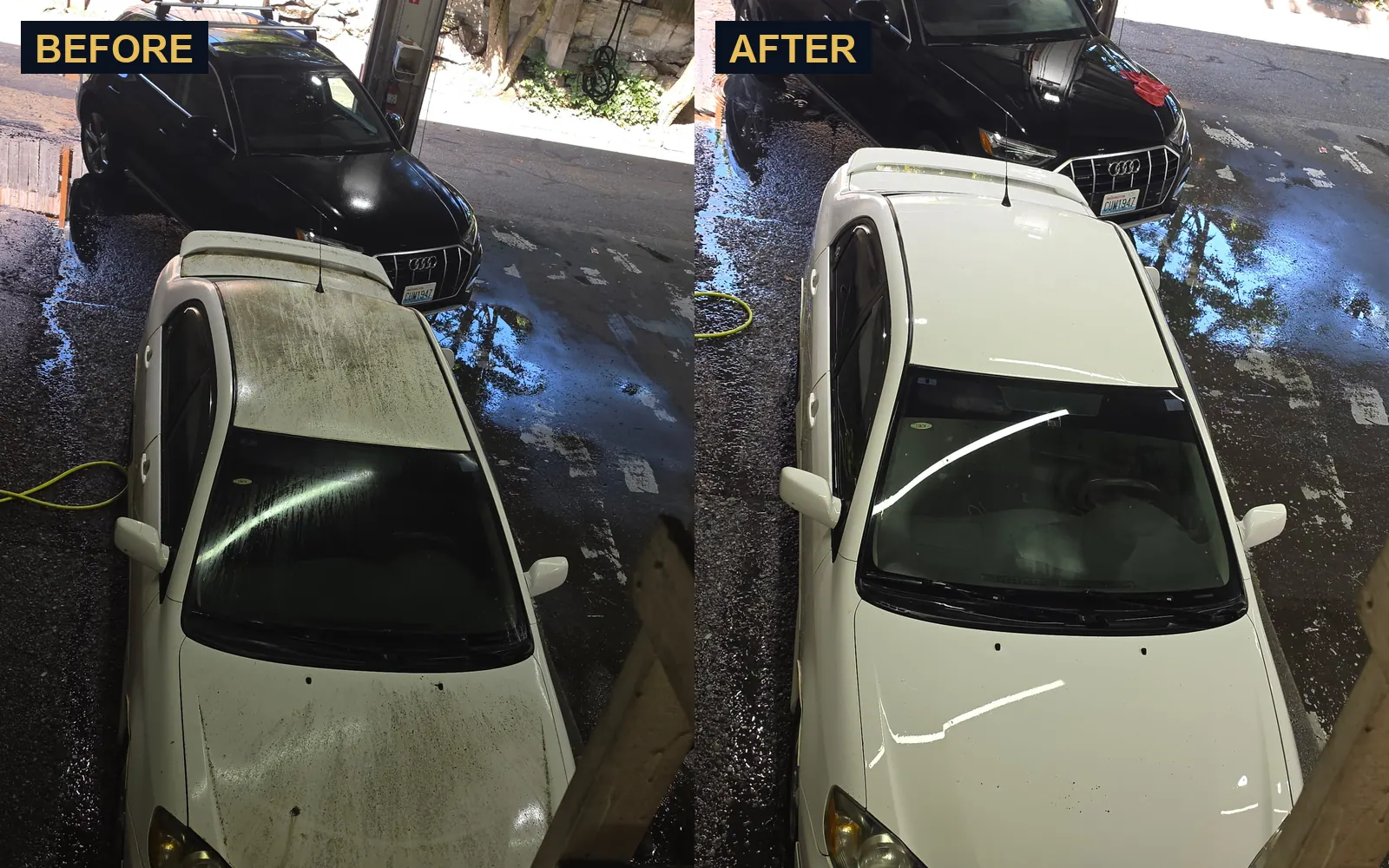 The same white car before and after a Signature Hand Wash at Derek's Auto Detail, photographed from above