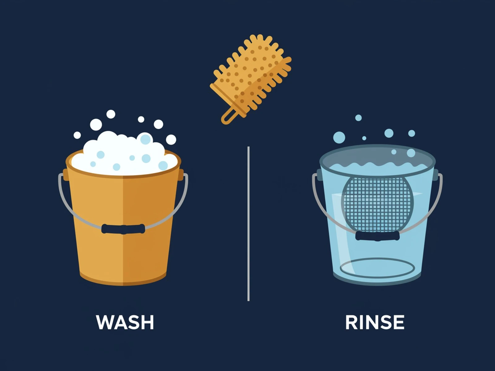 Two-bucket hand wash method diagram: a soapy wash bucket, a rinse bucket with a grit guard, and a microfiber wash mitt