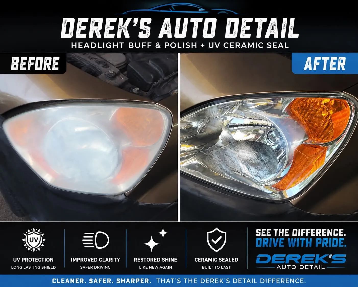 Before and after headlight restoration at Derek's Auto Detail in Seattle: a foggy, oxidized, yellowed headlight lens on the left restored to full clarity on the right and sealed with a UV ceramic coating