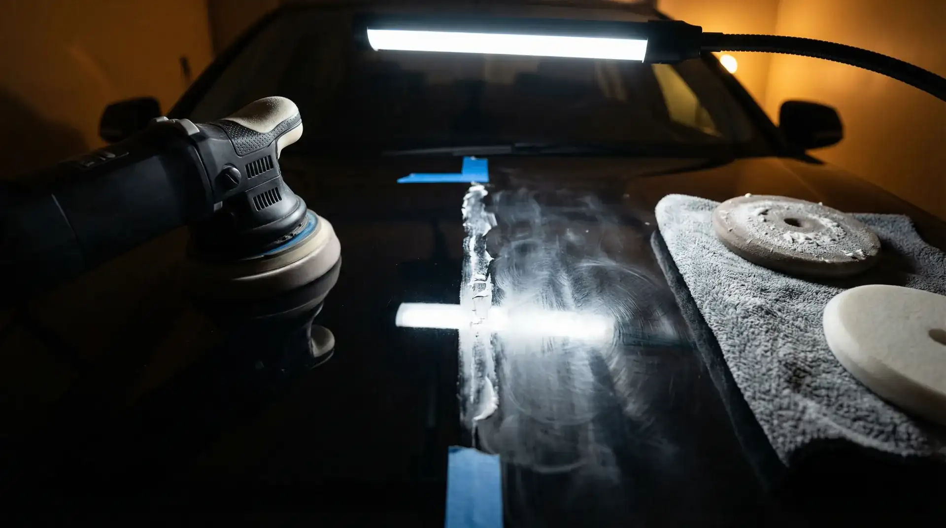 Paint correction in Seattle — dual-action polisher removing swirl marks under inspection light with polishing pads