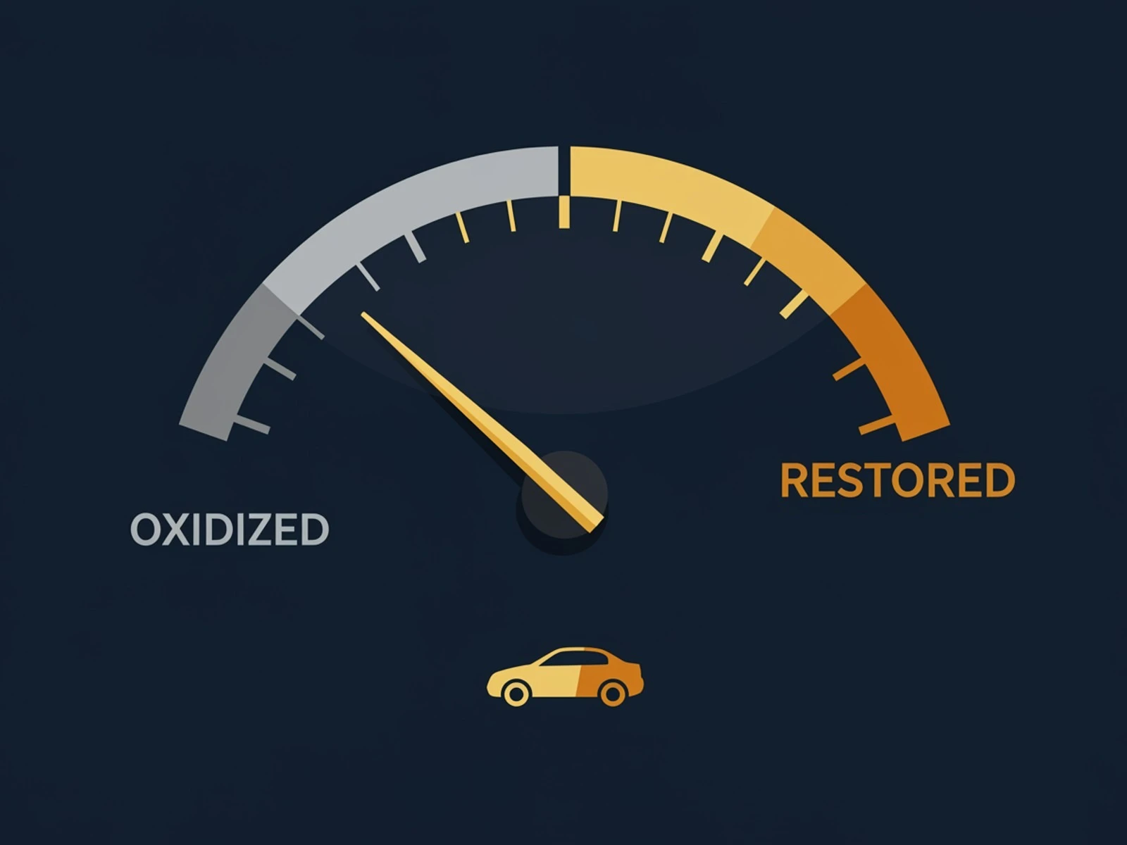 Paint condition gauge illustration sweeping from oxidized to fully restored, representing the paint correction process