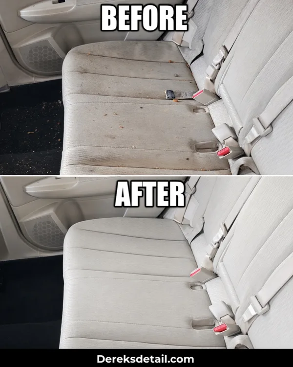 Fabric seat restoration before and after — stained seats cleaned at Derek's Auto Detail Seattle