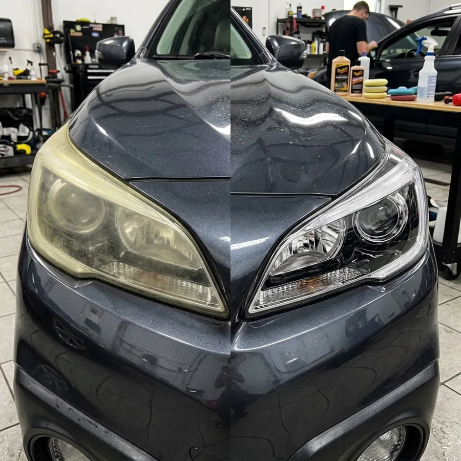Before and after headlight restoration in Seattle — the same lens yellowed and hazy on the left, clear and UV-sealed on the right