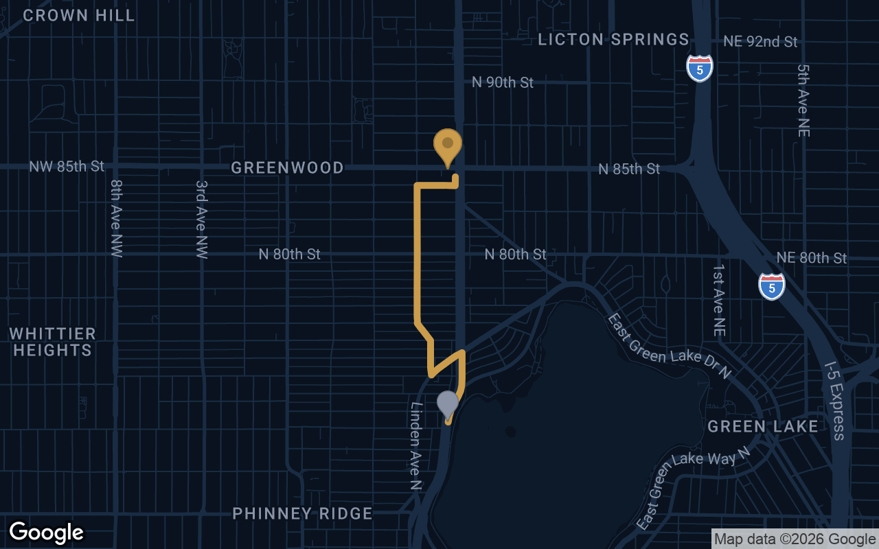 Driving route from Aurora Ave to Derek's Auto Detail on Aurora Ave N