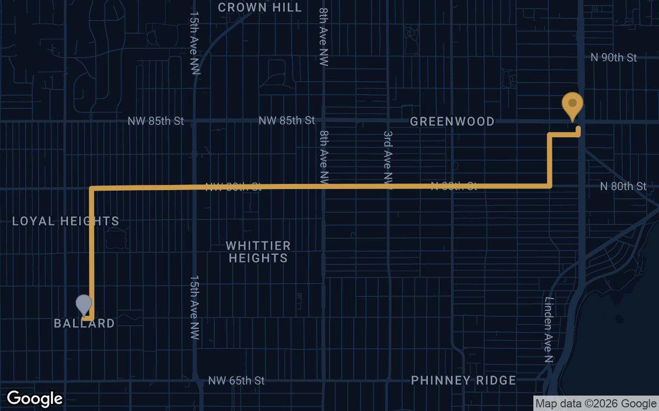 Driving route from Ballard to Derek's Auto Detail on Aurora Ave N