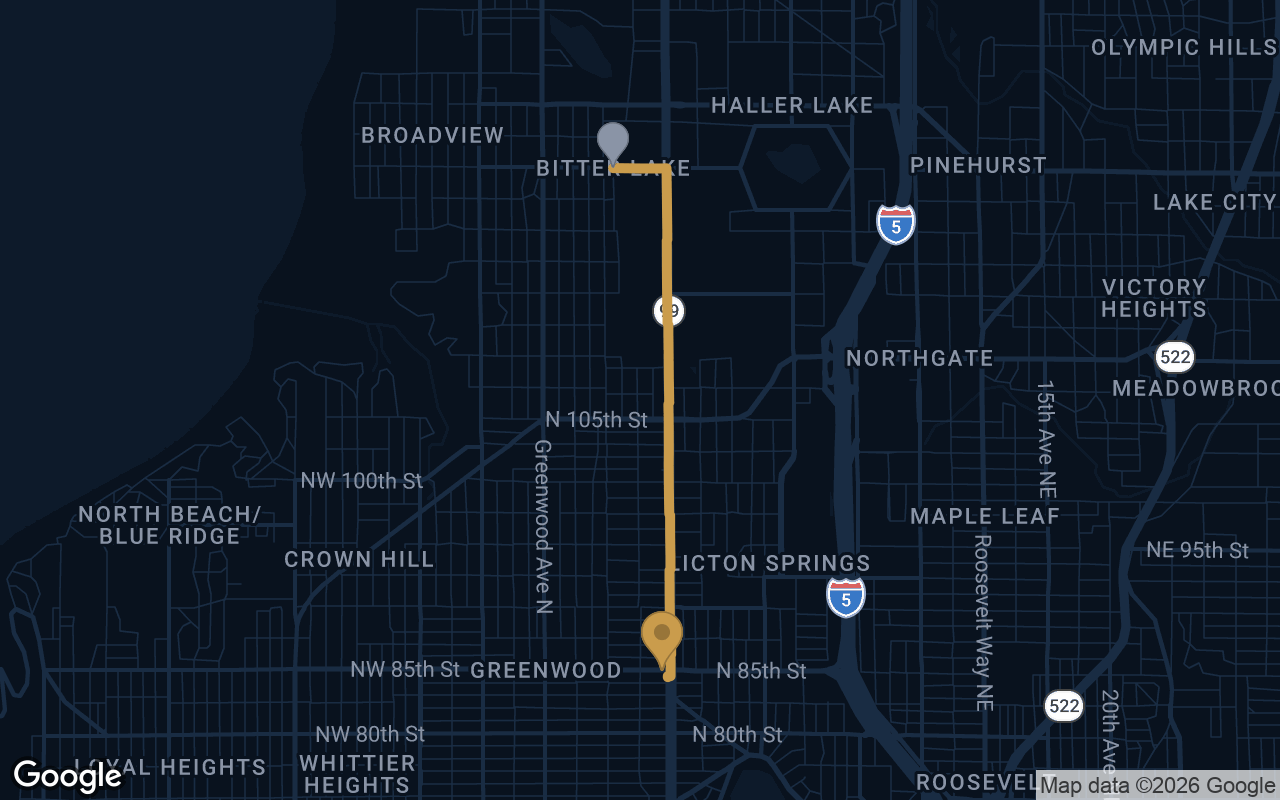 Driving route from Bitter Lake to Derek's Auto Detail on Aurora Ave N