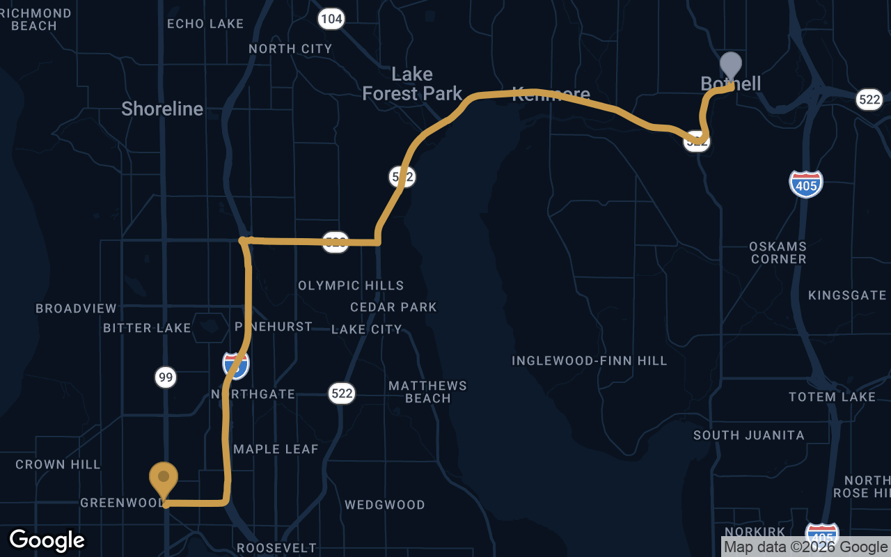 Driving route from Bothell to Derek's Auto Detail on Aurora Ave N