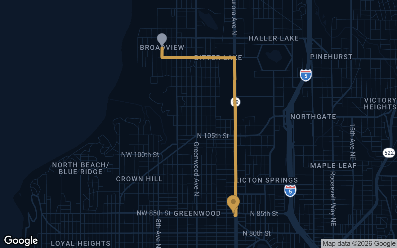 Driving route from Broadview to Derek's Auto Detail on Aurora Ave N