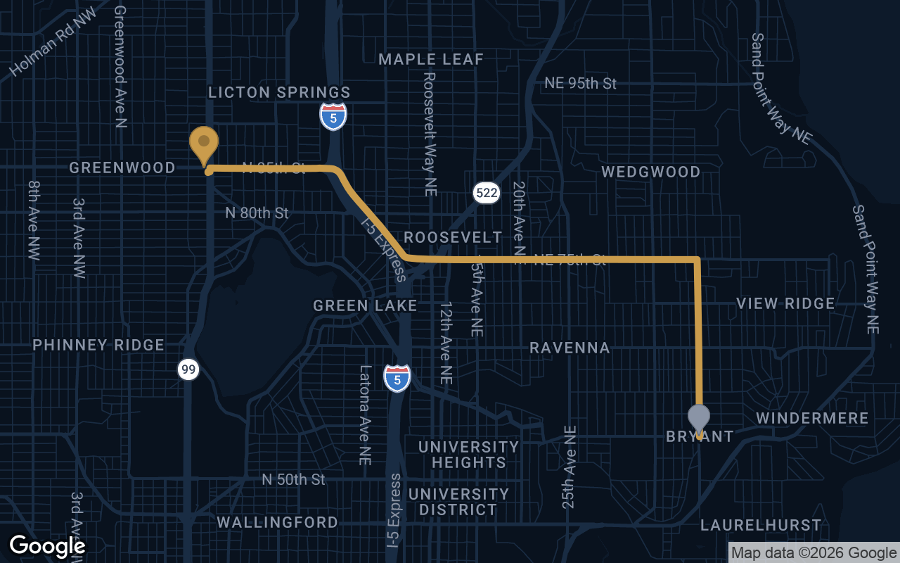 Driving route from Bryant to Derek's Auto Detail on Aurora Ave N