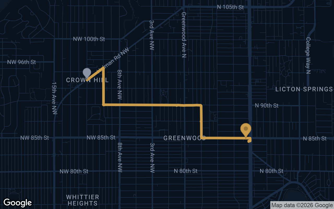 Driving route from Crown Hill to Derek's Auto Detail on Aurora Ave N