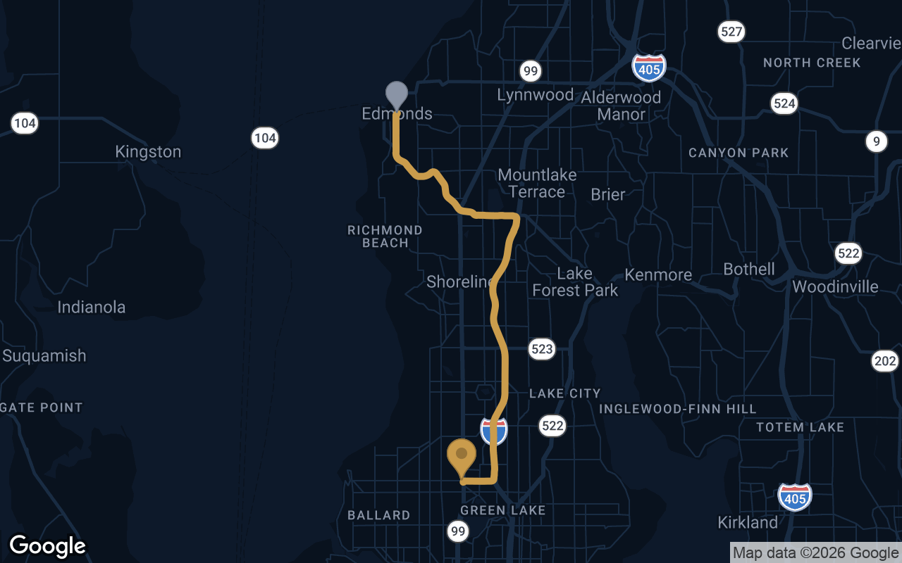 Driving route from Edmonds to Derek's Auto Detail on Aurora Ave N