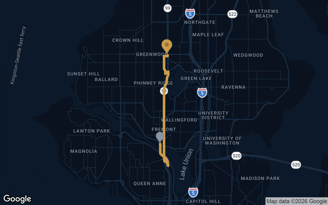 Driving route from Fremont to Derek's Auto Detail on Aurora Ave N
