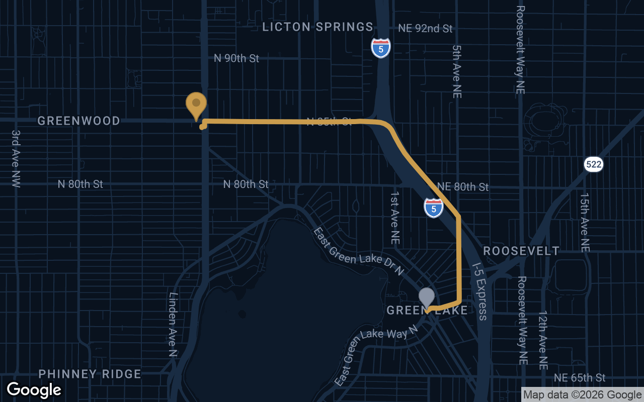 Driving route from Green Lake to Derek's Auto Detail on Aurora Ave N