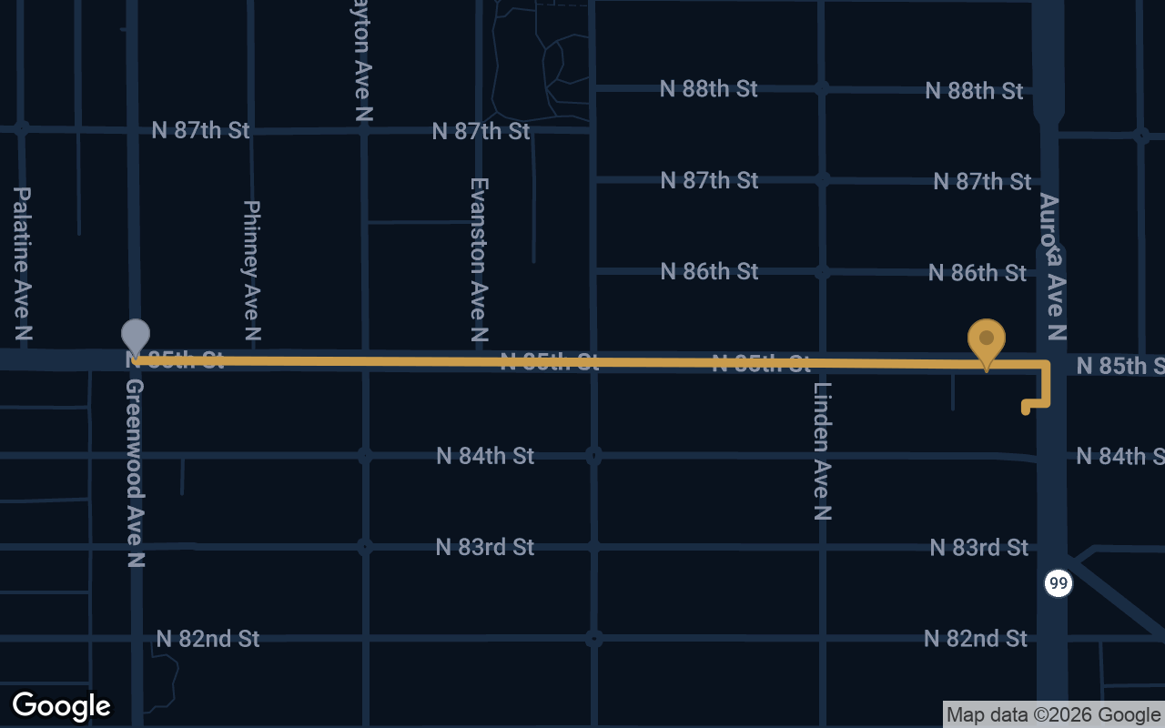 Driving route from Greenwood to Derek's Auto Detail on Aurora Ave N