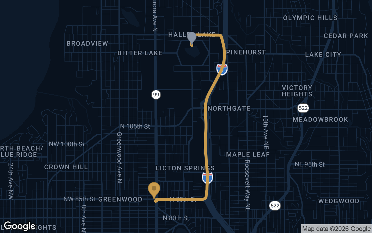 Driving route from Haller Lake to Derek's Auto Detail on Aurora Ave N