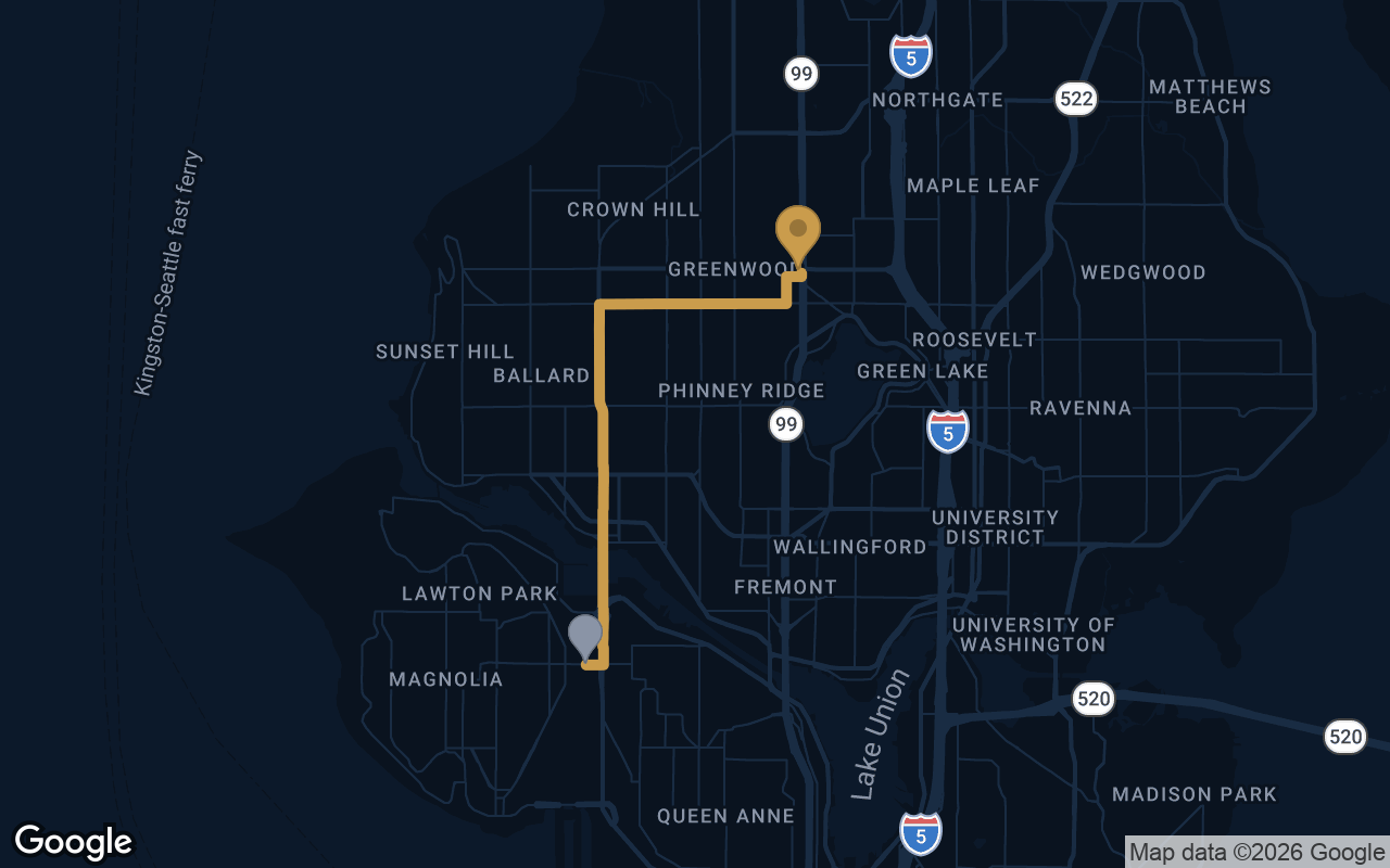 Driving route from Interbay to Derek's Auto Detail on Aurora Ave N