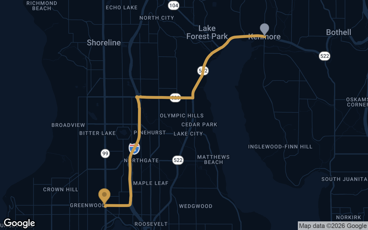 Driving route from Kenmore to Derek's Auto Detail on Aurora Ave N