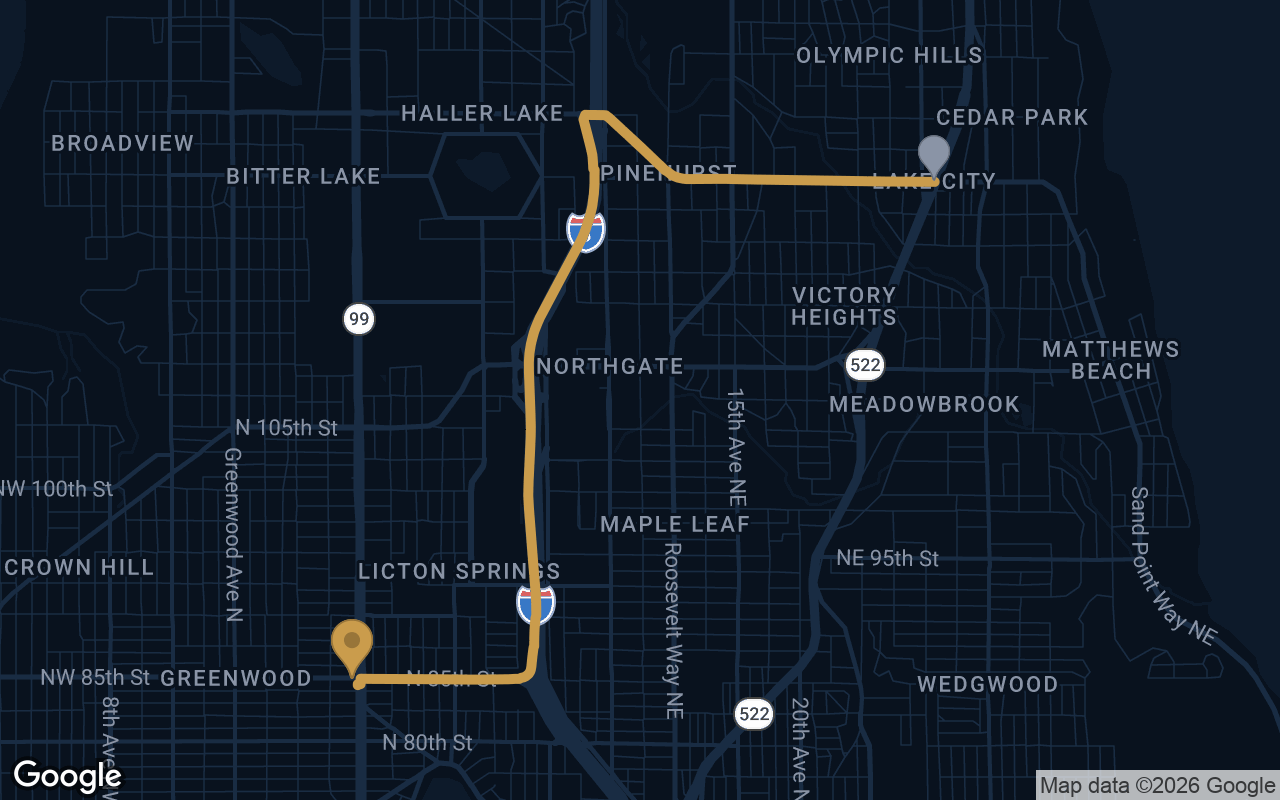 Driving route from Lake City to Derek's Auto Detail on Aurora Ave N