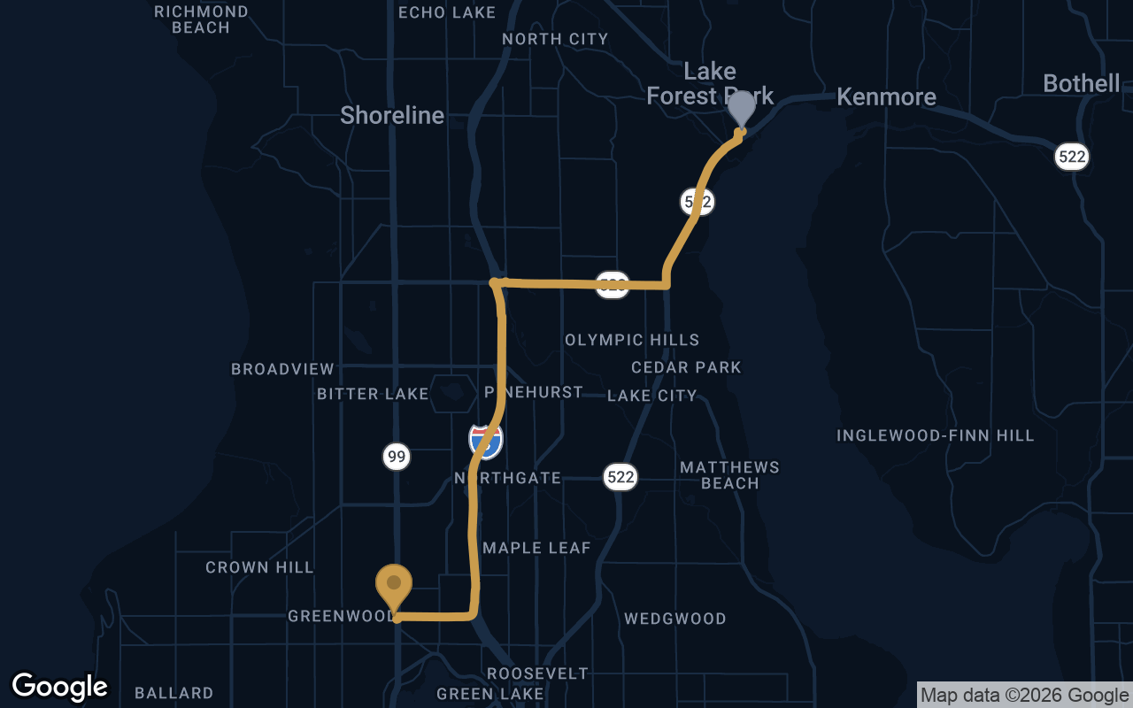 Driving route from Lake Forest Park to Derek's Auto Detail on Aurora Ave N