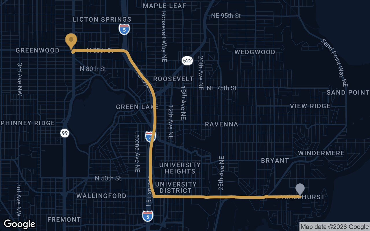 Driving route from Laurelhurst to Derek's Auto Detail on Aurora Ave N