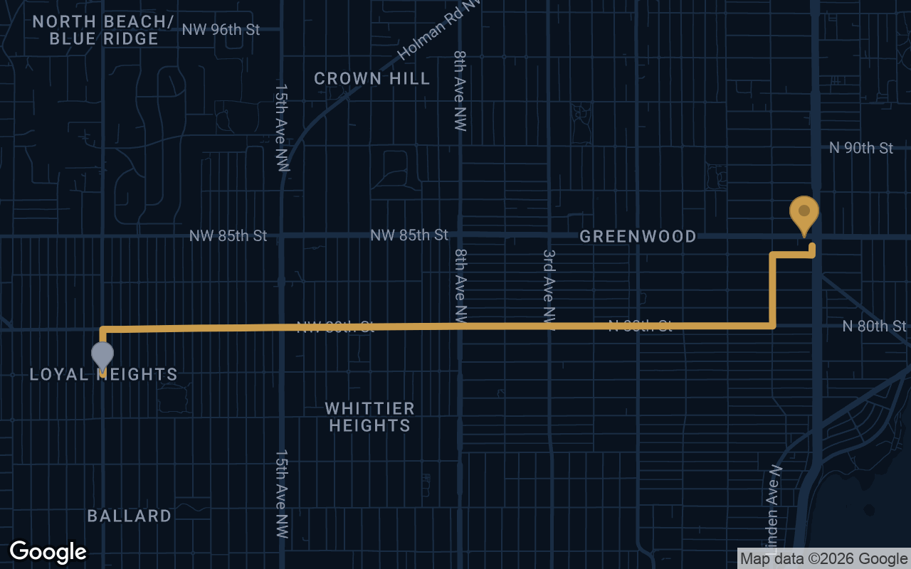 Driving route from Loyal Heights to Derek's Auto Detail on Aurora Ave N