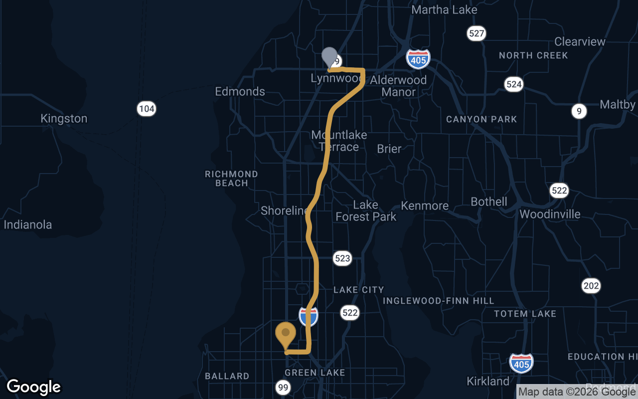 Driving route from Lynnwood to Derek's Auto Detail on Aurora Ave N