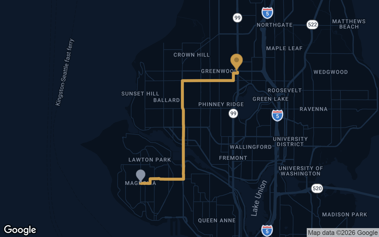 Driving route from Magnolia to Derek's Auto Detail on Aurora Ave N