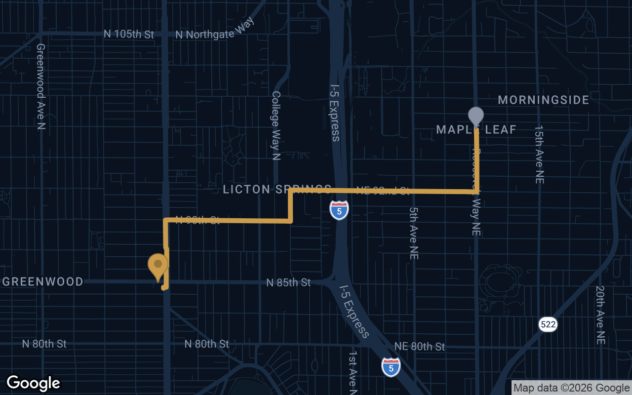 Driving route from Maple Leaf to Derek's Auto Detail on Aurora Ave N