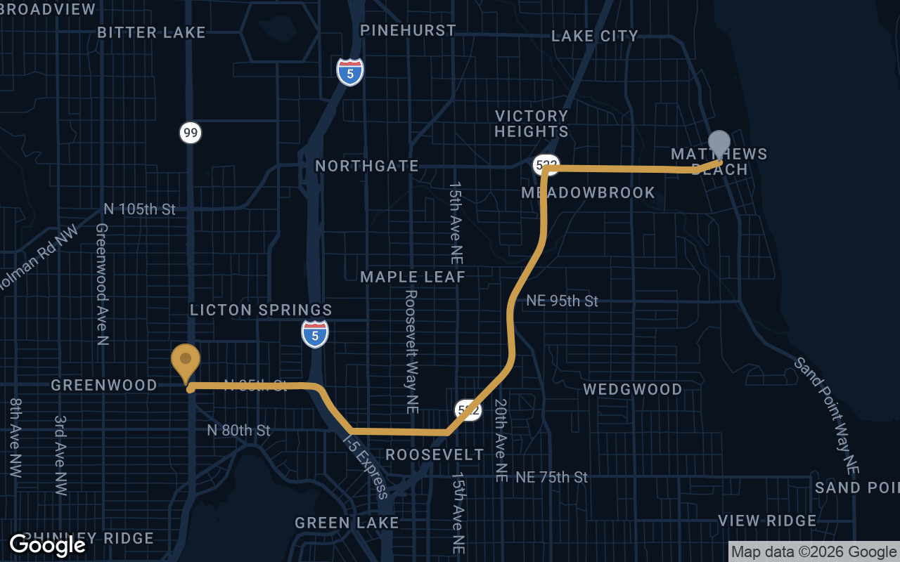 Driving route from Matthews Beach to Derek's Auto Detail on Aurora Ave N