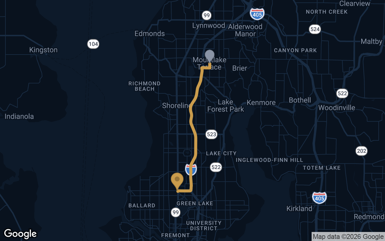 Driving route from Mountlake Terrace to Derek's Auto Detail on Aurora Ave N