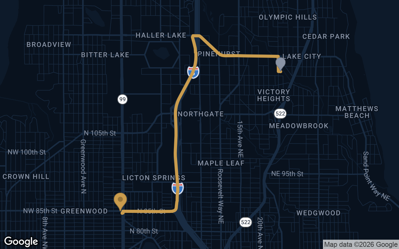 Driving route from North Seattle to Derek's Auto Detail on Aurora Ave N
