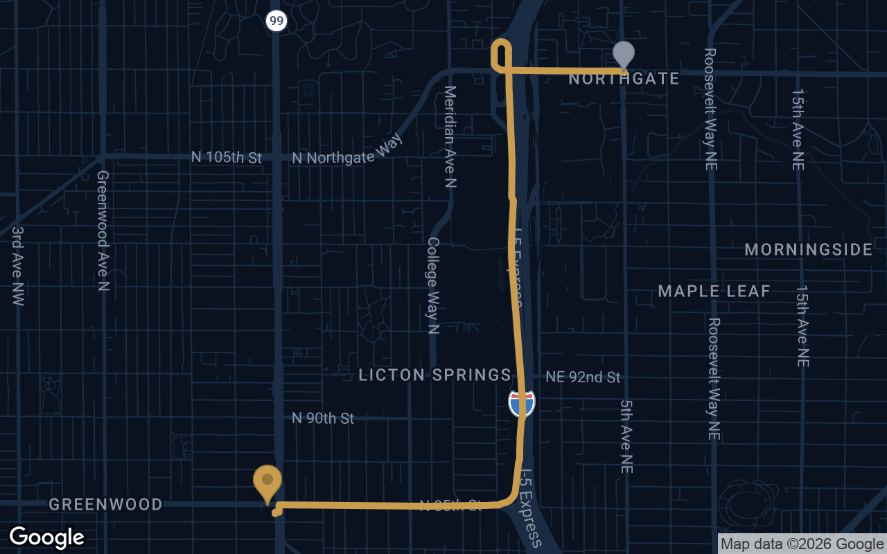 Driving route from Northgate to Derek's Auto Detail on Aurora Ave N
