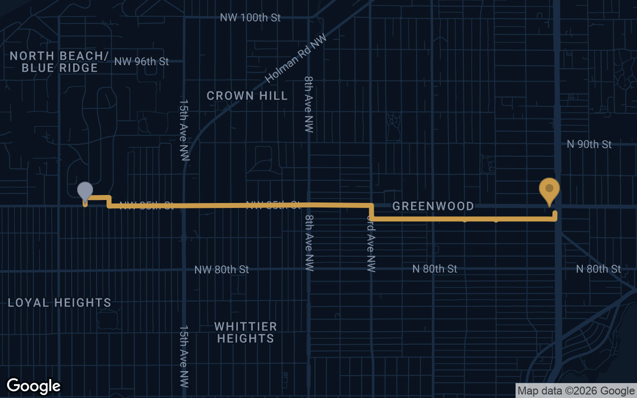 Driving route from Olympic Manor to Derek's Auto Detail on Aurora Ave N
