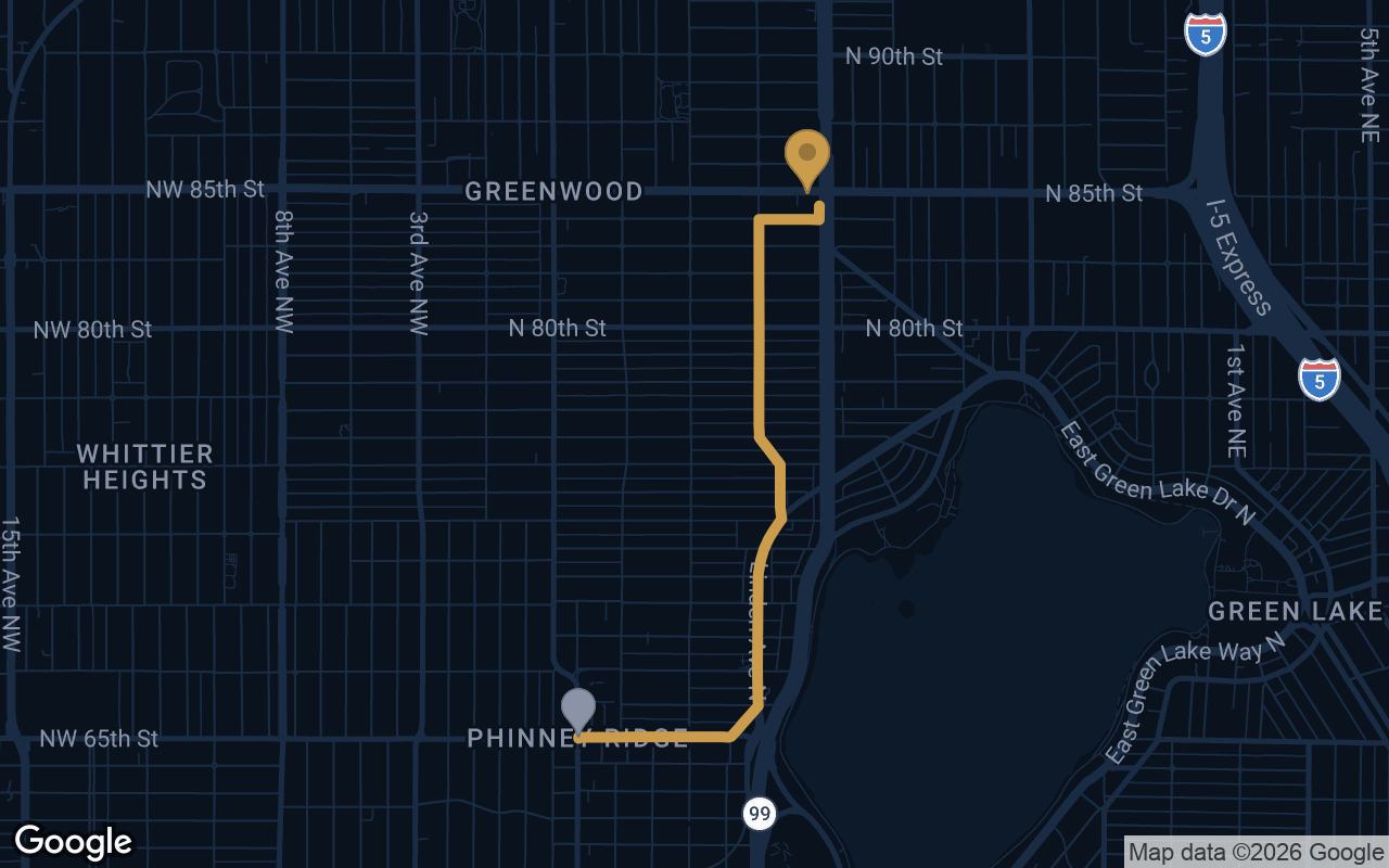 Driving route from Phinney Ridge to Derek's Auto Detail on Aurora Ave N