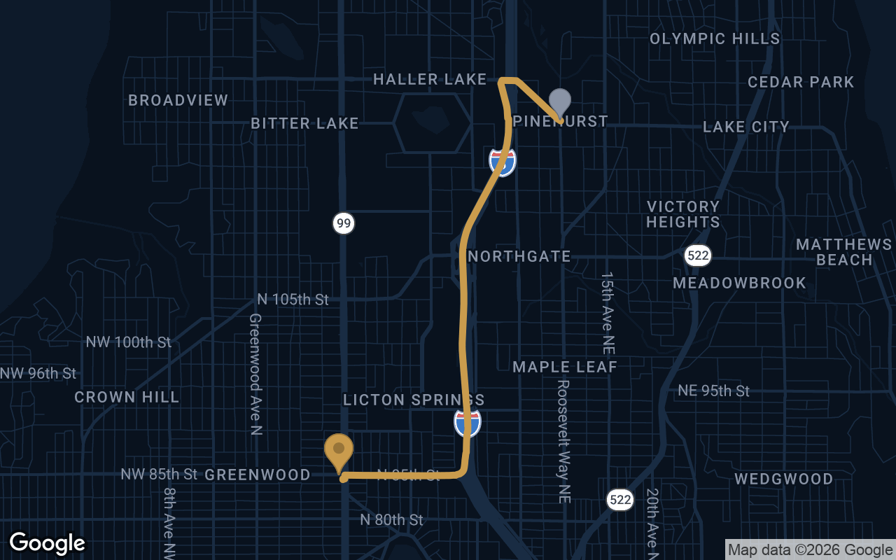 Driving route from Pinehurst to Derek's Auto Detail on Aurora Ave N