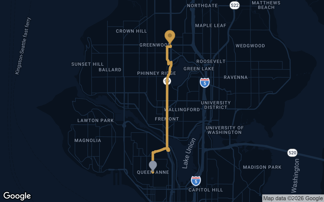 Driving route from Queen Anne to Derek's Auto Detail on Aurora Ave N