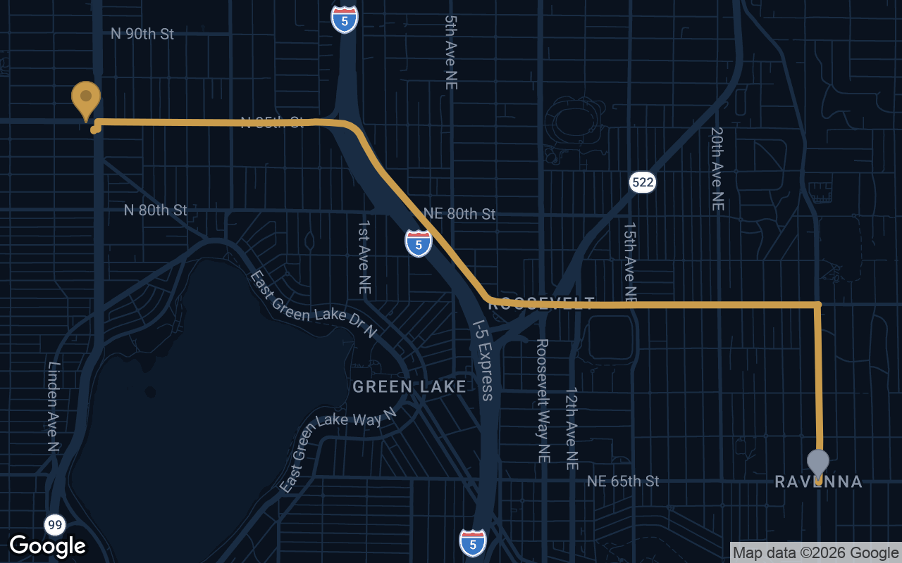 Driving route from Ravenna to Derek's Auto Detail on Aurora Ave N