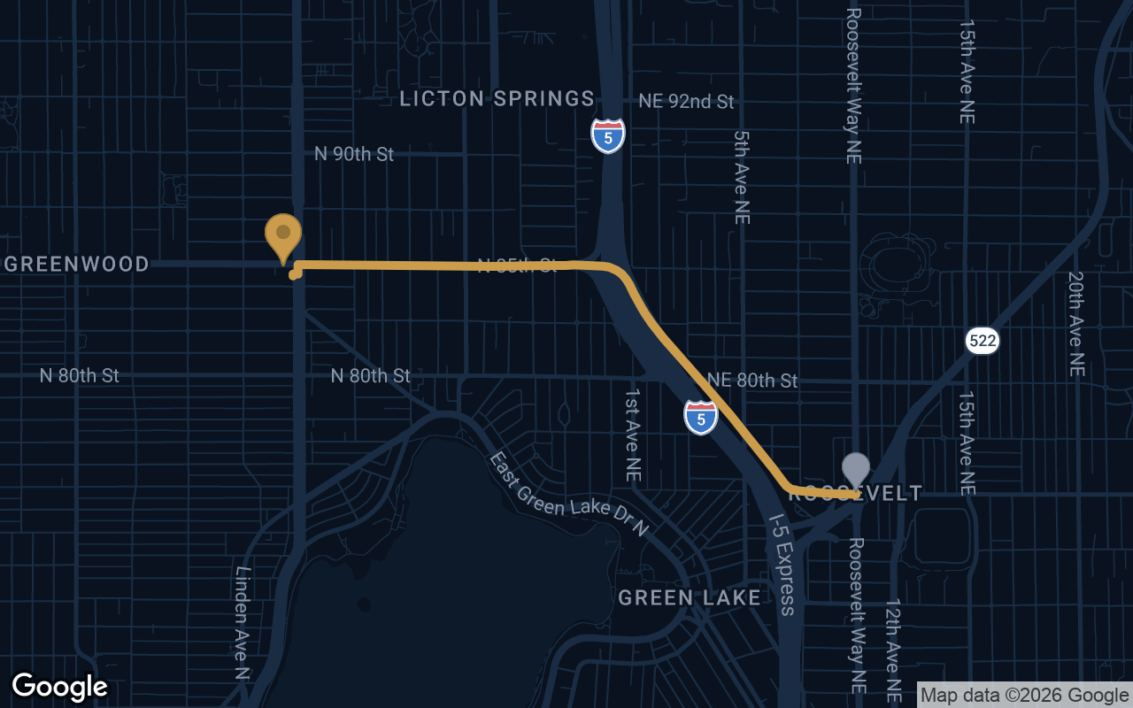 Driving route from Roosevelt to Derek's Auto Detail on Aurora Ave N