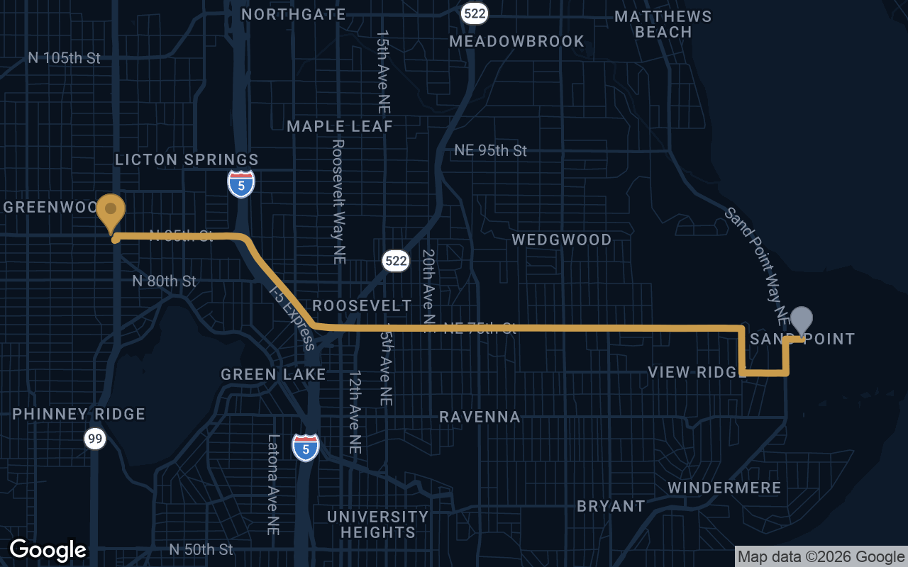 Driving route from Sand Point to Derek's Auto Detail on Aurora Ave N