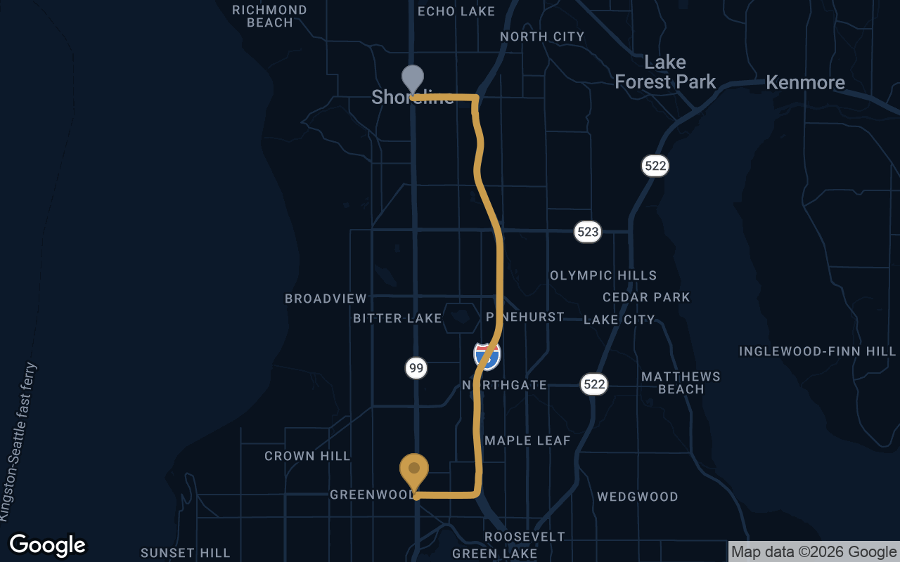 Driving route from Shoreline to Derek's Auto Detail on Aurora Ave N