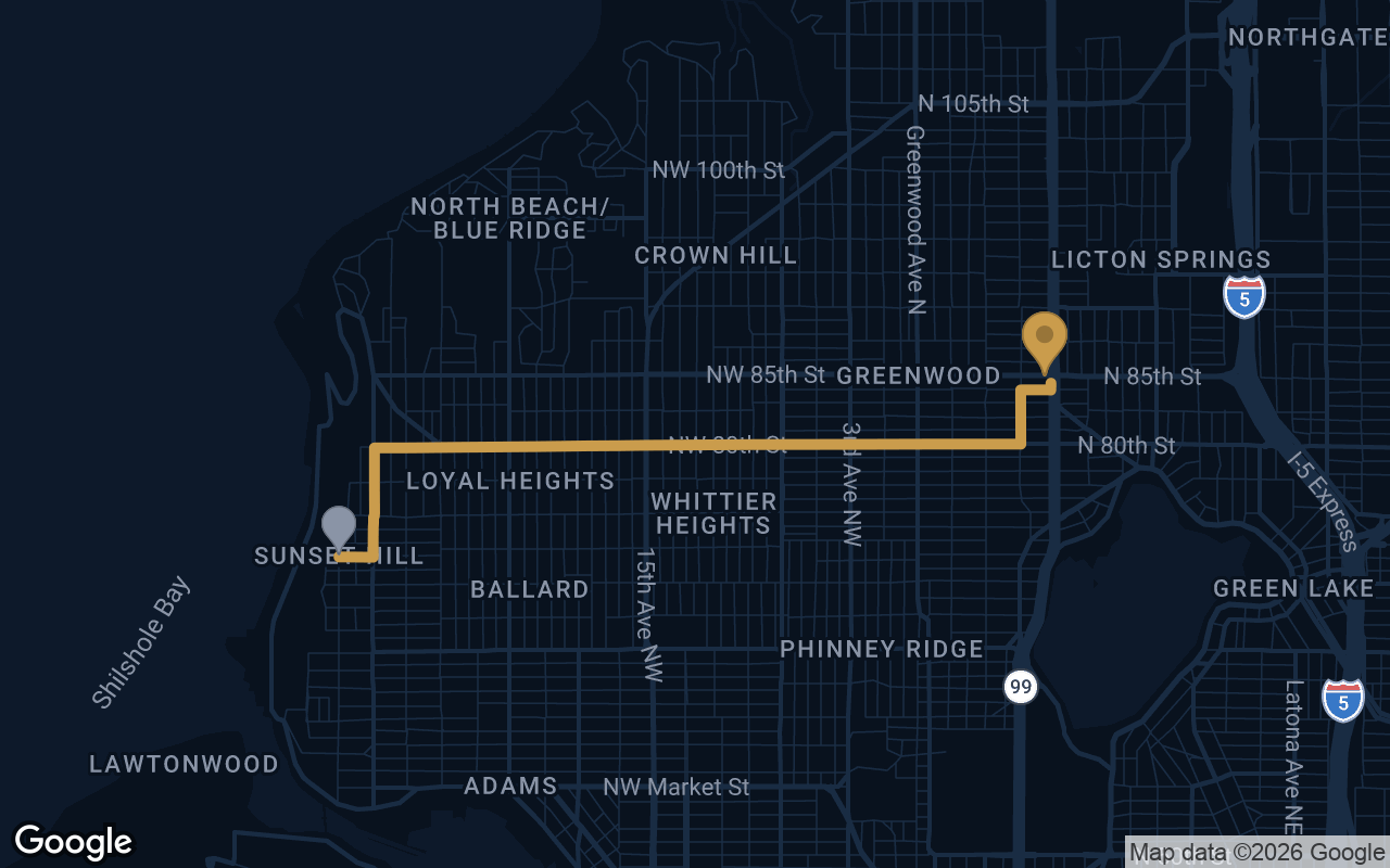 Driving route from Sunset Hill to Derek's Auto Detail on Aurora Ave N