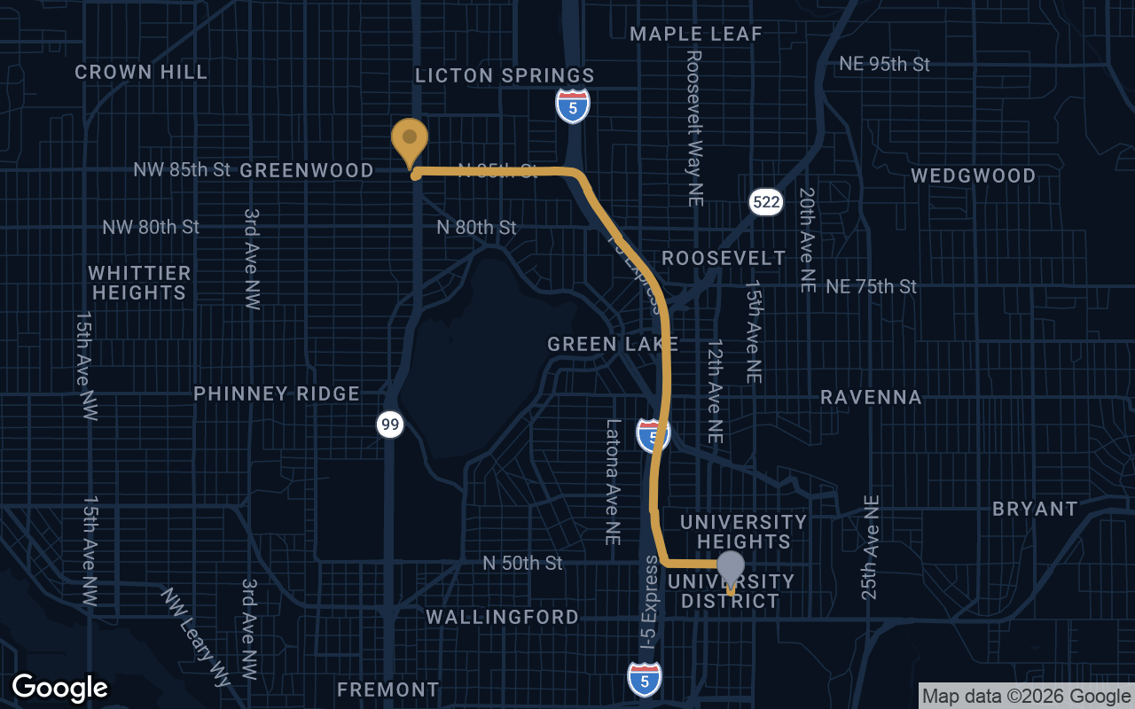 Driving route from University District to Derek's Auto Detail on Aurora Ave N