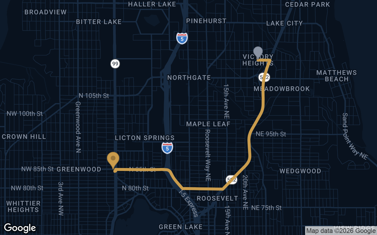 Driving route from Victory Heights to Derek's Auto Detail on Aurora Ave N