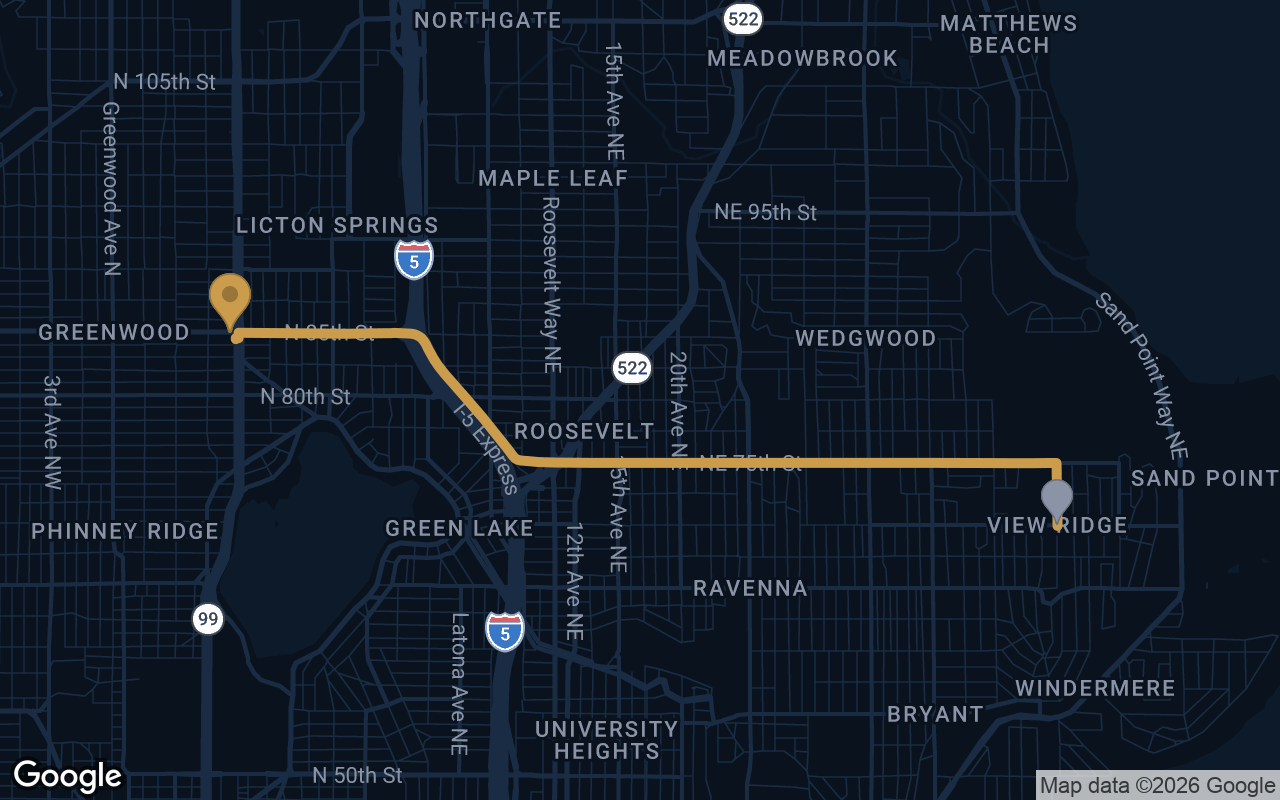 Driving route from View Ridge to Derek's Auto Detail on Aurora Ave N