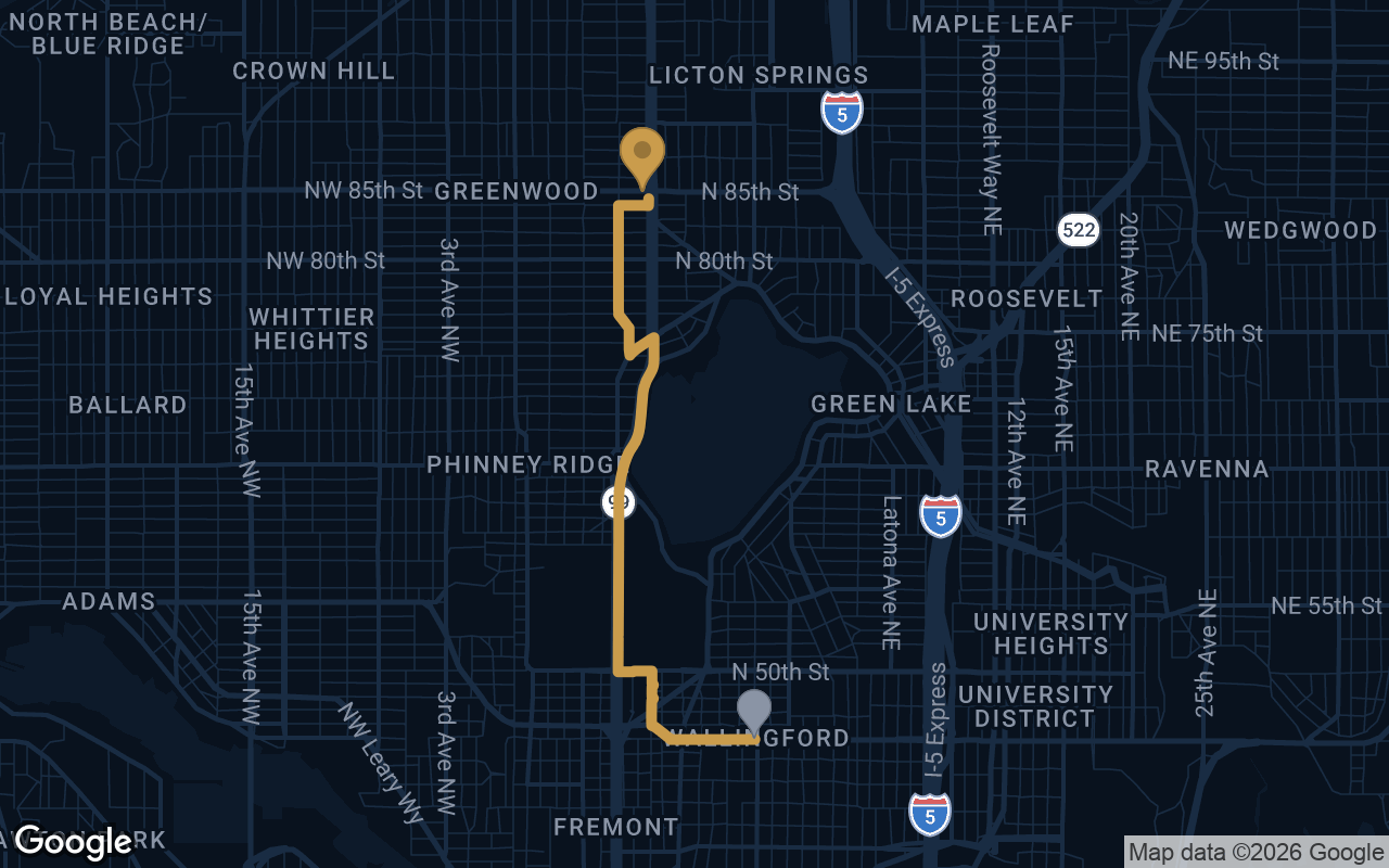 Driving route from Wallingford to Derek's Auto Detail on Aurora Ave N