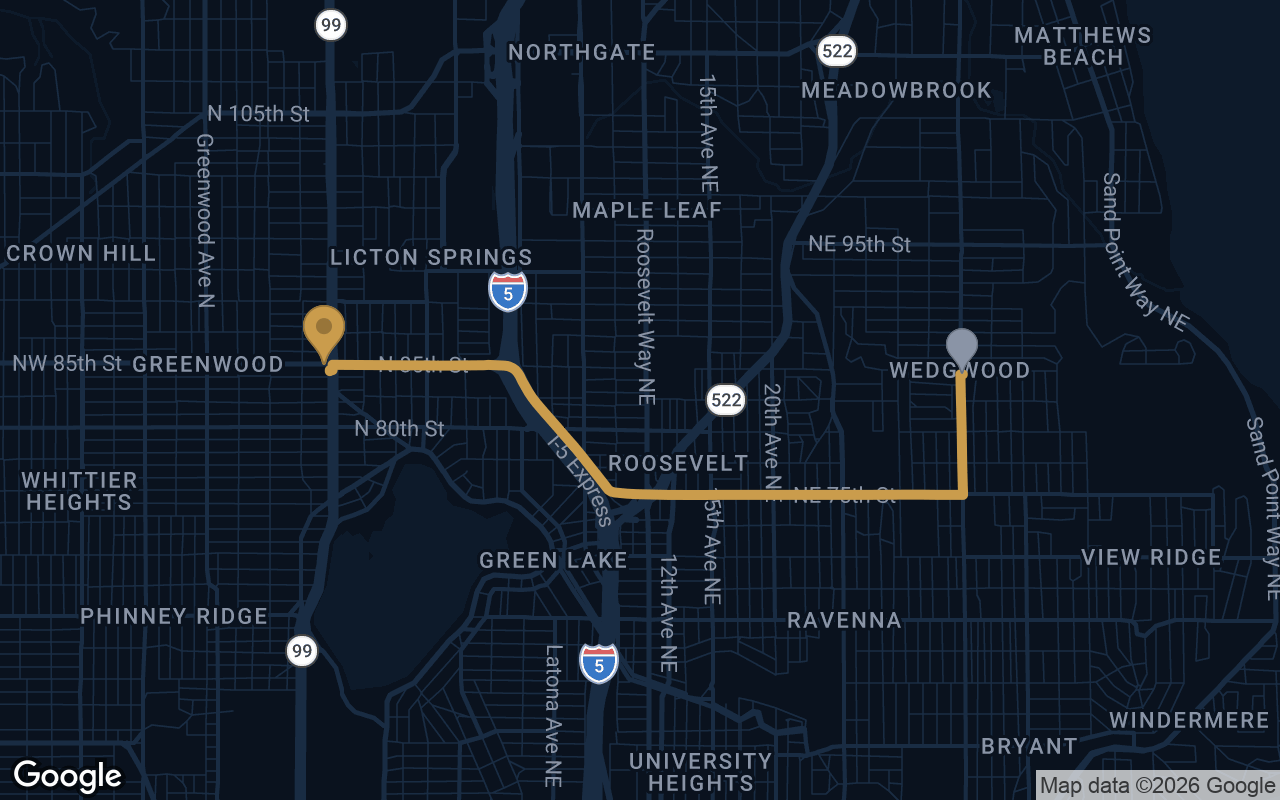 Driving route from Wedgwood to Derek's Auto Detail on Aurora Ave N