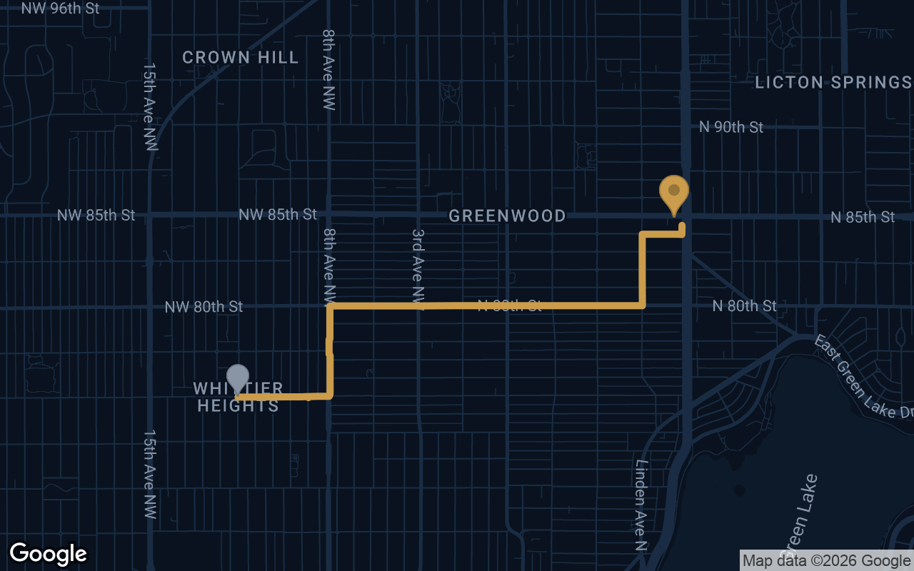 Driving route from Whittier Heights to Derek's Auto Detail on Aurora Ave N